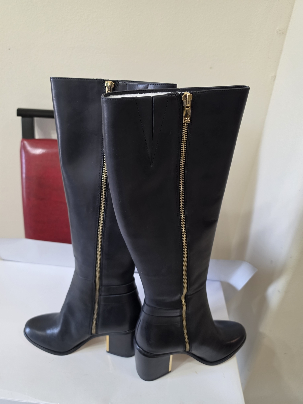 Calvin Klein Knee Length BootBlack Tall Leather Knee Boots with Gold Zipper. New